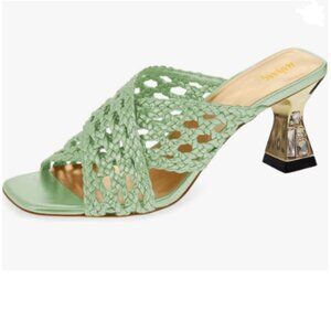 Maiyang Green Open Toe Slip on Braided Mules Special Crystal Mid Heel Sandals